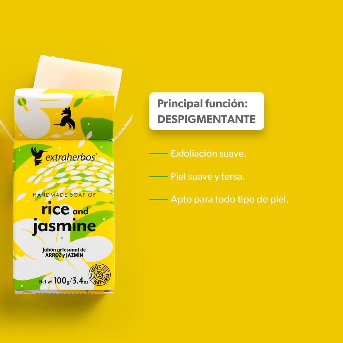 Extraherbos Pack 3 Jabones de Arroz y Jazmín Artesanales 100g c/u - Despigmentante y Aclarante Natural - Suave Exfoliante para Rostro y Cuerpo - Hecho a Mano con Ingredientes Orgánicos - Vegano, Cruelty Free