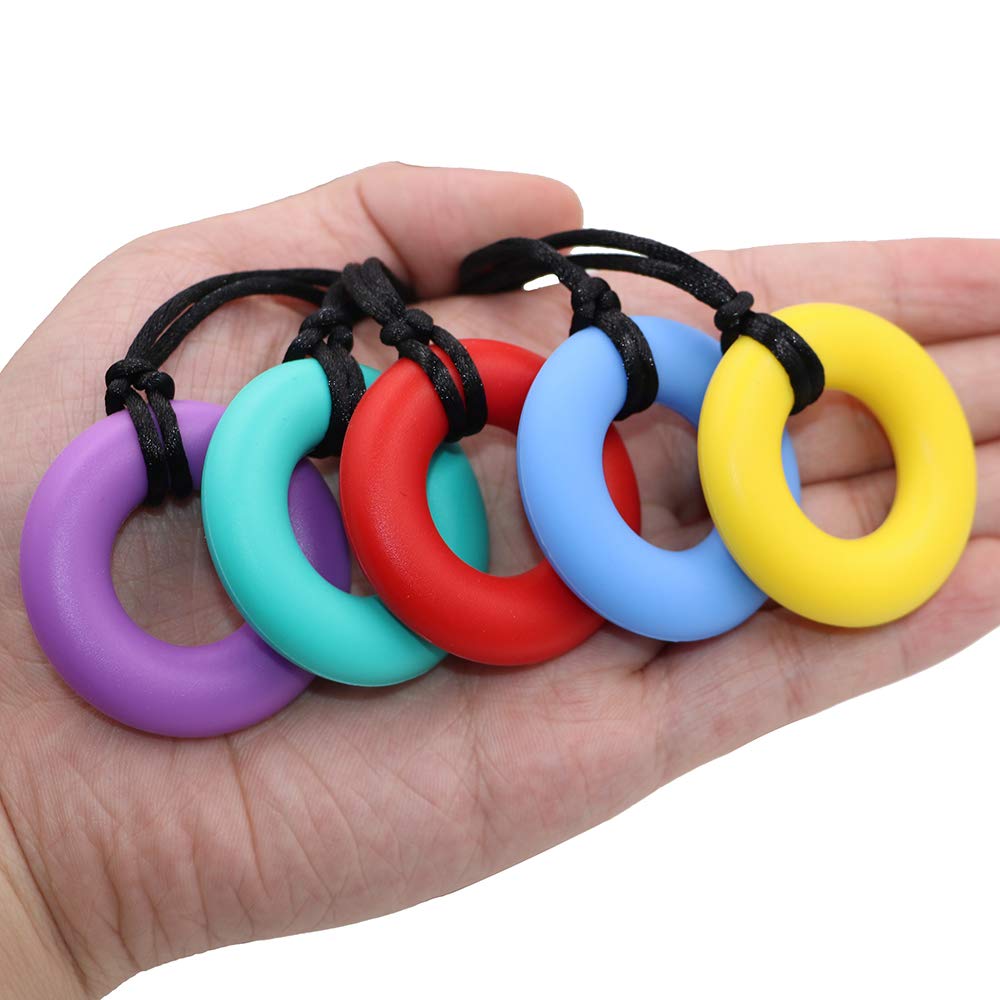 Collar sensorial para masticar para niños y adultos, paquete de 5 juguetes masticables de silicona, para ayudar a motor oral, juguetes masticables para niños y niñas con autismo, TDAH, reduce el donut