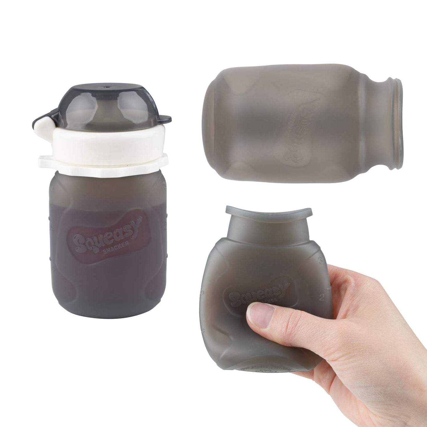 Bolsa de silicona reutilizable para alimentos a prueba de derrames, para alimentos blandos y líquidos – agua, salsa de manzana, yogur, batidos, comida para bebés – apto para lavaplatos, gris, 100 g