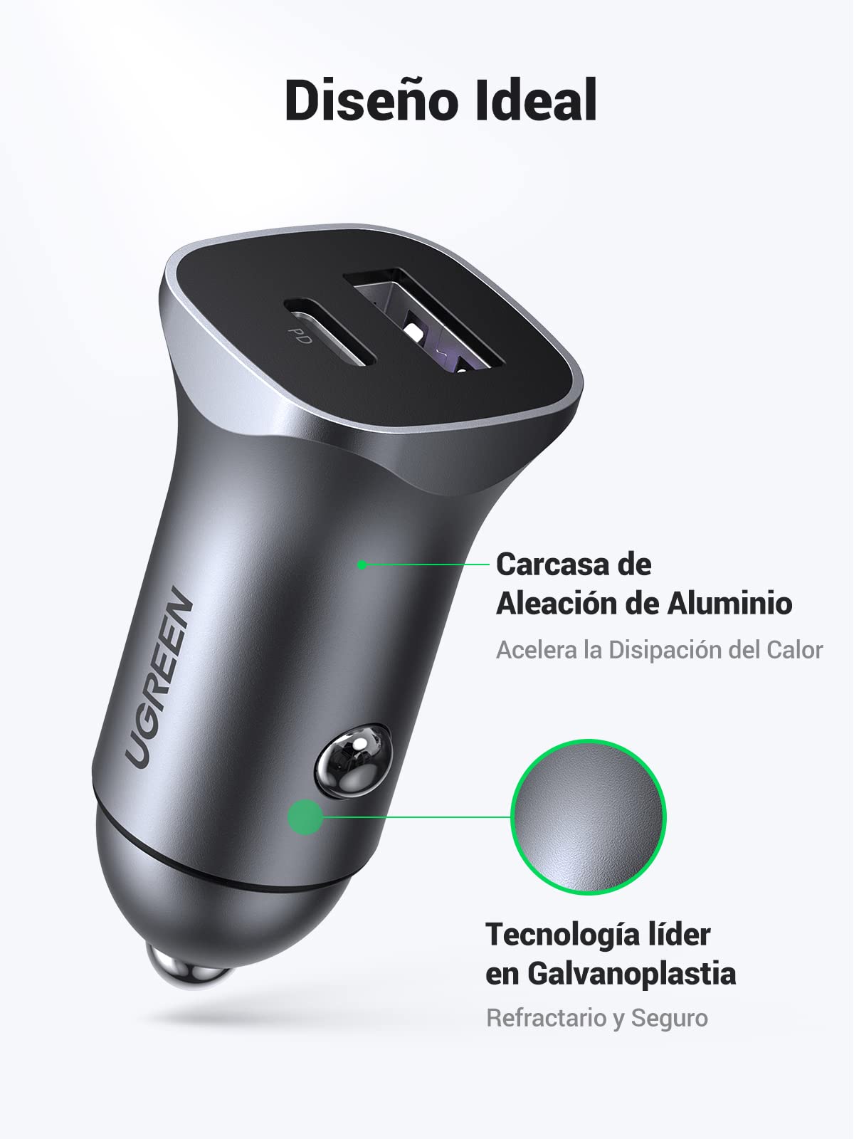 UGREEN 30W USB C Cargador Auto Carga Rápida, 2 Puertos Adaptador de Coche Tipo C y QC 3.0 de Aluminio Quick Charger Compatible con iPhone 16/15/14/13/12 Pro MAX, iPad Pro/Air, Galaxy S25/S24/S23/S22