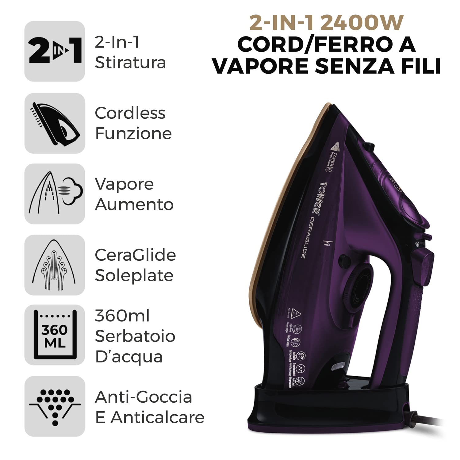 Plancha de Vapor Inalámbrica Tower CeraGlide morada con Suela de Cerámica y Vapor Variable