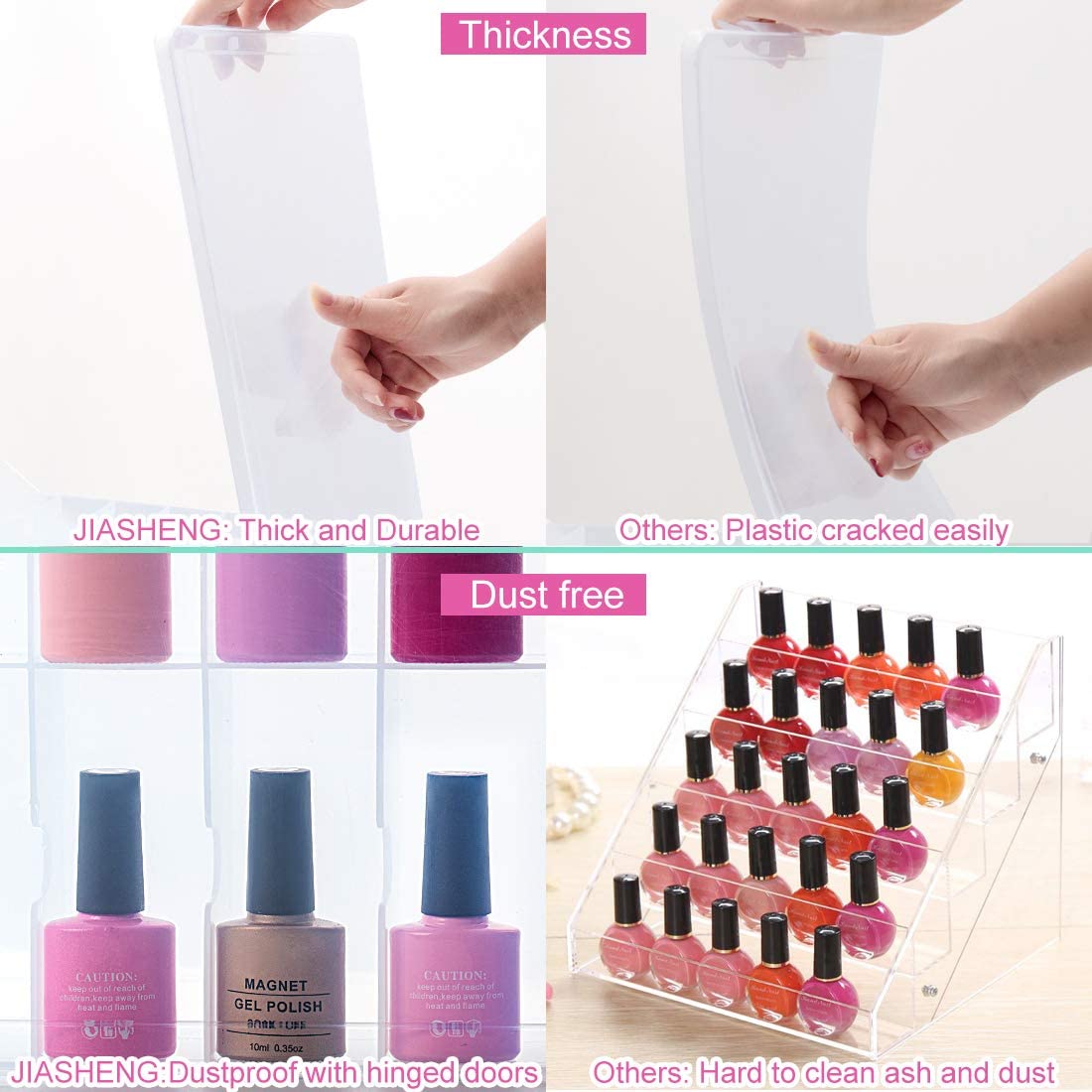 Universal Double Side Transparent Nail Polish Gel Organizer Holder for 48 Bottles Adjustable Space Divider with Two Toe Separator