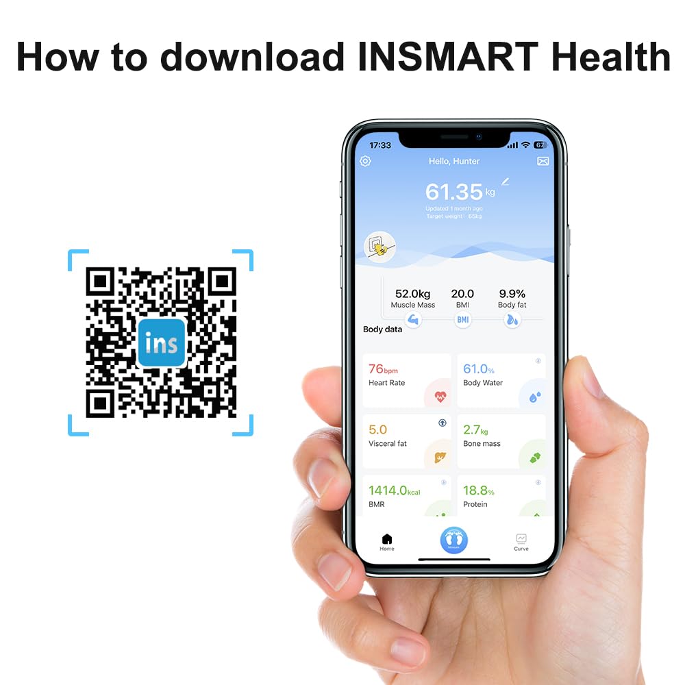 INSMART Báscula de grasa corporal para personas digital con aplicación, báscula Bluetooth para frecuencia cardíaca, grasa corporal, IMC, peso, masa muscular, agua, proteínas, músculos esqueléticos