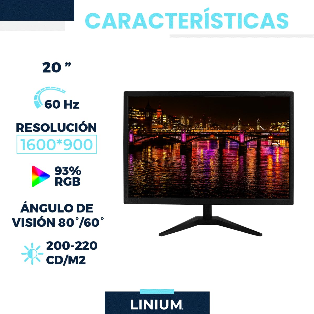 LINIUM - Monitor HD LED 20” | Resolución 1660x900, HDMI/VGA, 60Hz, Estabilización de Negro, Compacto y Funcional para Oficina u Hogar