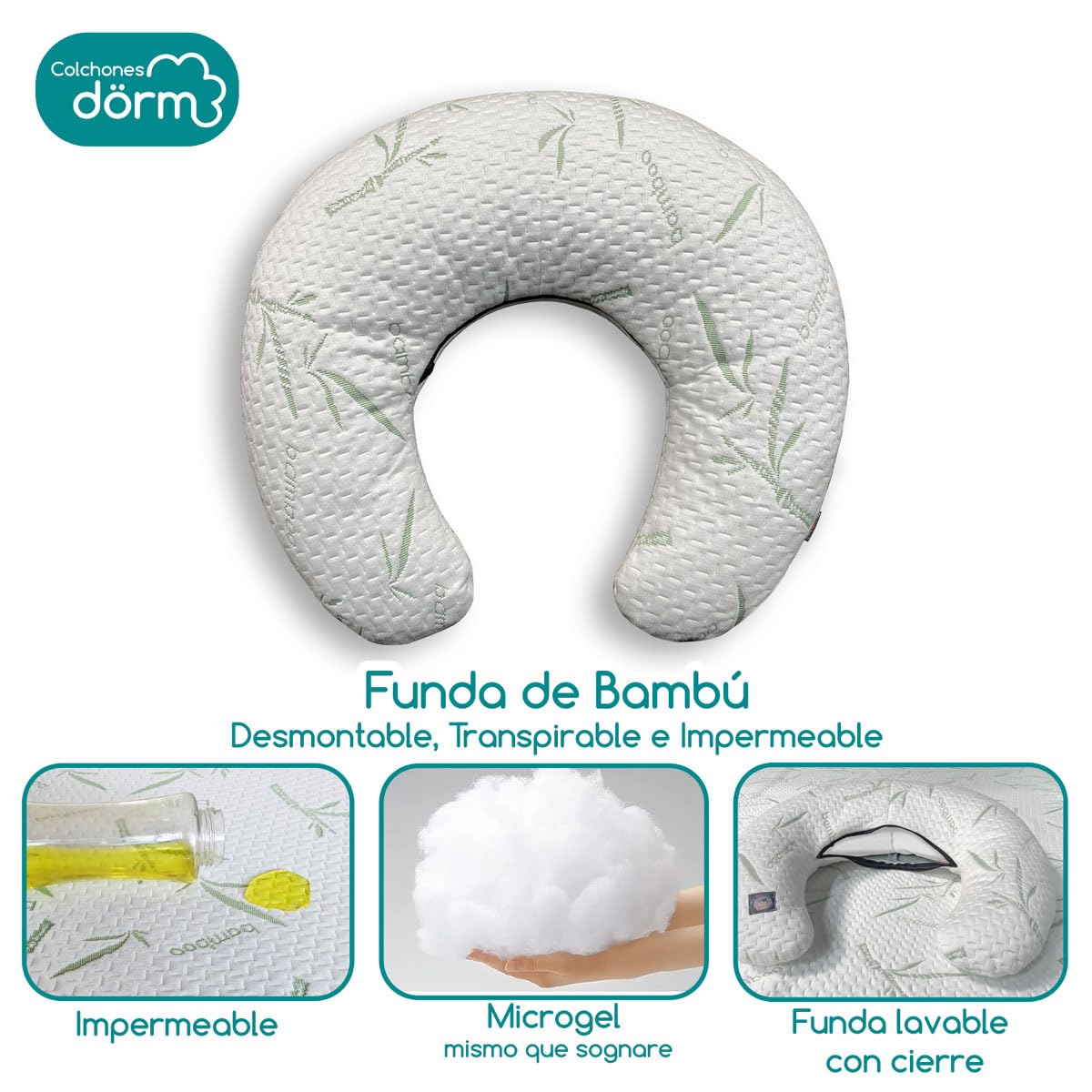 Colchones Dorm® Almohada de Lactancia para Amamantar Bebe - Multifuncional - Incluye Cojin + Funda de Bambú Impermeable 18 Certificaciones Internacionales