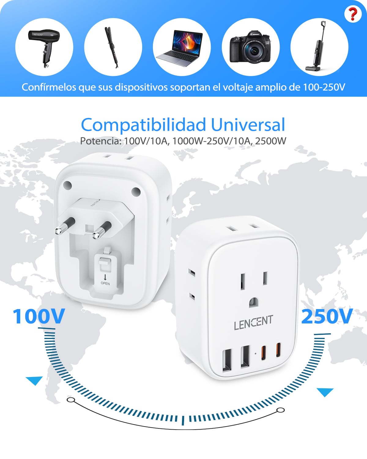 LENCENT 2X Adaptador de Enchufe de Viaje Europeo, Adaptador de Corriente para Europa, Cargador con 4 Salidas de CA&2 USB-A+2 USB-C, Adaptador para Viaje de México a Europa, Aprobado para Cruceros