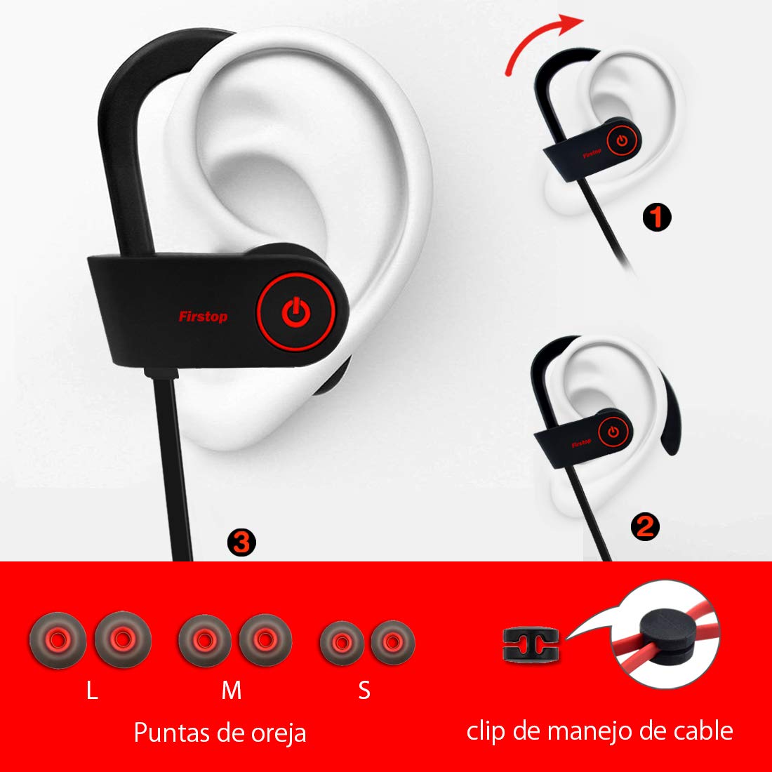 Firstop Auriculares Bluetooth, Audífonos Inalámbricos Impermeables IPX7, Auriculares con Reducción de Ruido y Ajuste Seguro para Deportes y Gimnasia, con Micrófono Incorporado