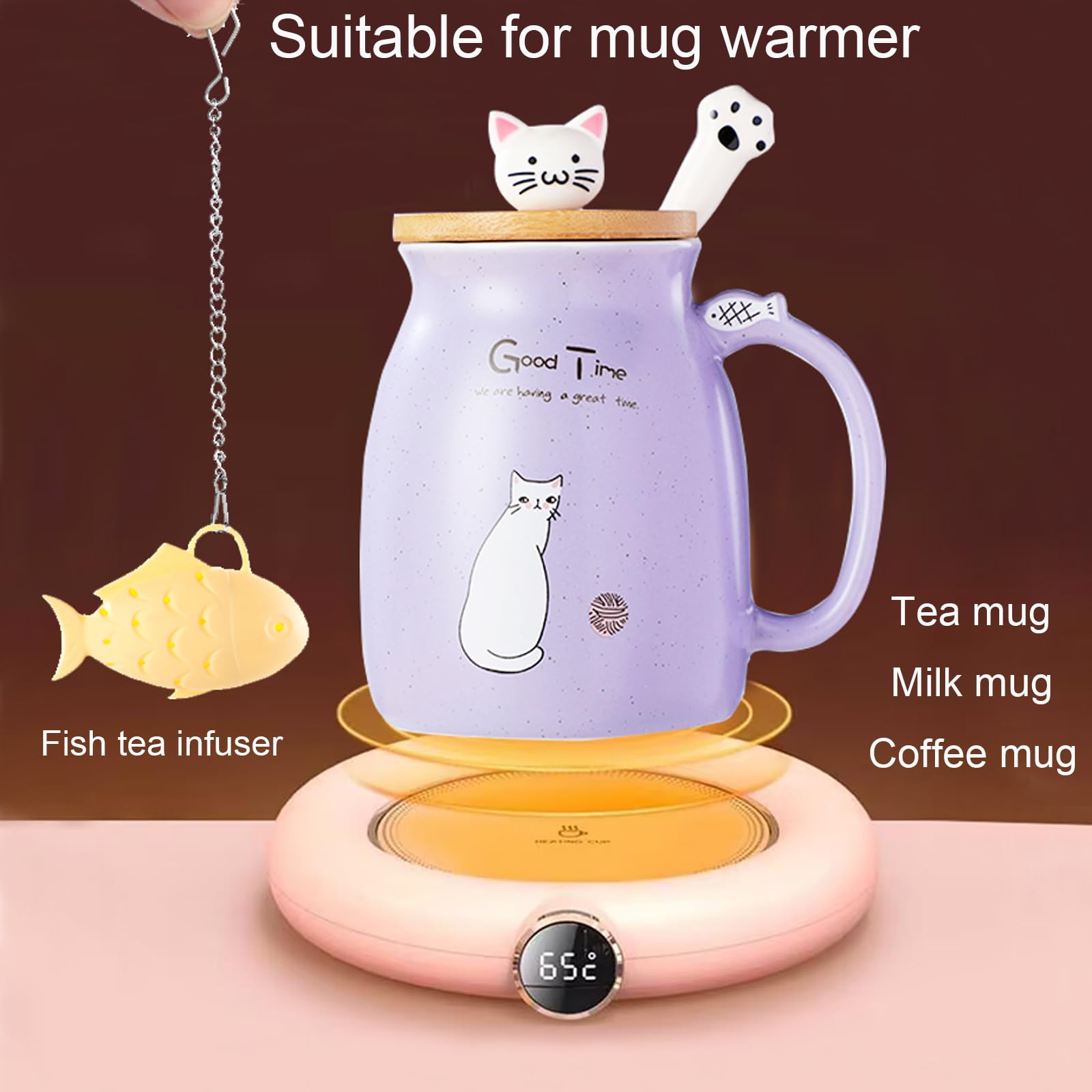 BigNoseDeer - Taza de té Kawaii con infusor y tapa, taza de café de cerámica para gatos morados, regalos de cumpleaños para mamá, regalos para mujeres, novias, niñas, amantes de los gatos (13 onzas)
