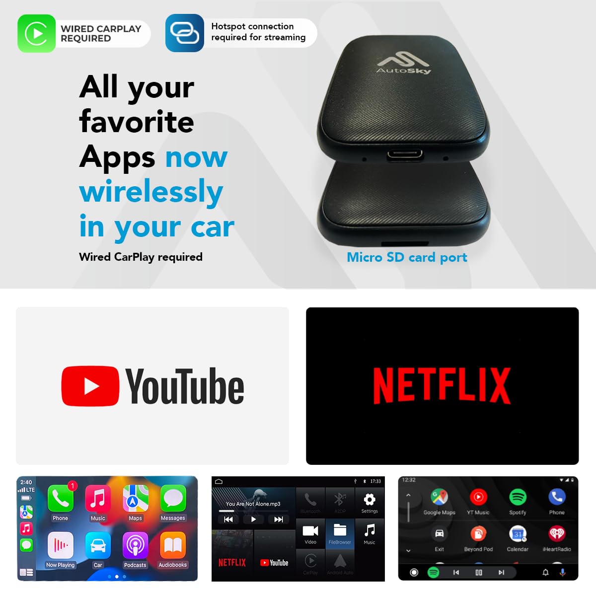 AutoSky Wireless CarPlay y Android Auto AI Box Lite para coches CarPlay con cable de fábrica - Compatible con Netflix y YouTube Must use Hotspot - Go Wireless CarPlay y Android Auto. CarPlay con cable