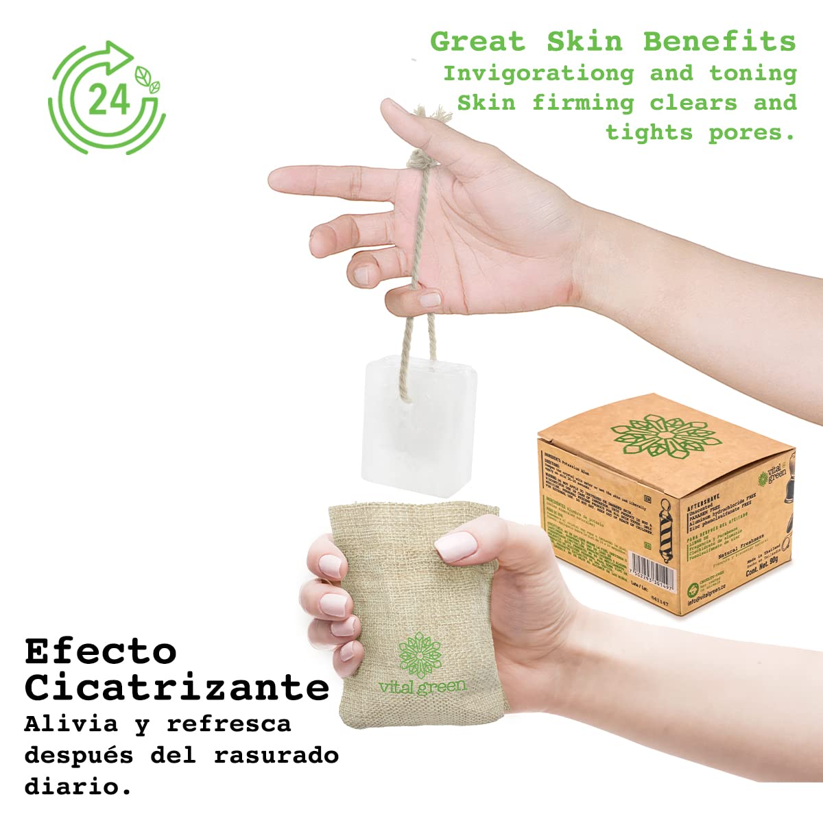Vital Green Bloque de Cristal de Alumbre de Potasio Tailandes para Después de Rasurar, Piedra Suavizante para Usar Después de Rasurarse y Depilarse, Sensación Refrescante, 90 g / 3.18 oz (2 unds)