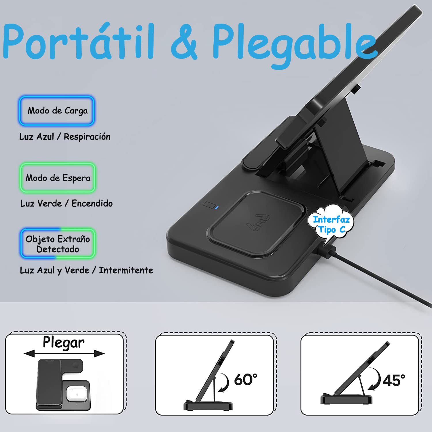 Cargador Inalámbrico 3 en 1 con Cabezal QC3.0 de 18W para iPhone, Samsung, Apple Watch, AirPods