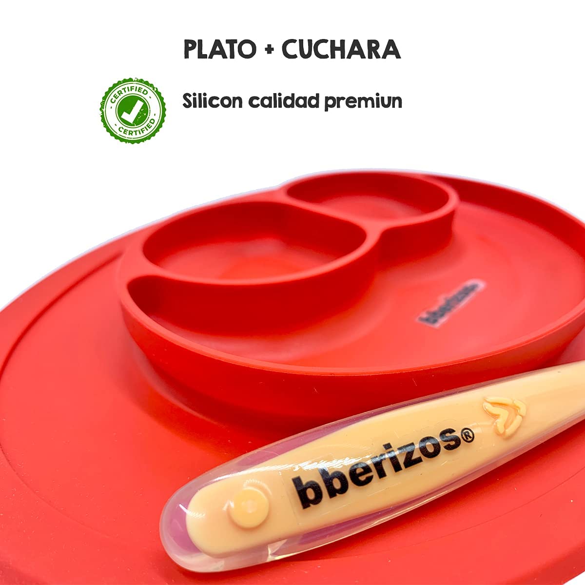 Bberizos| Platos para Bebes Cuchara de Silicona para Bebe Plato con Divisiones Set de Alimentación Niño Niña Snacks Papillas Libre de BPA PVC (Rojo)