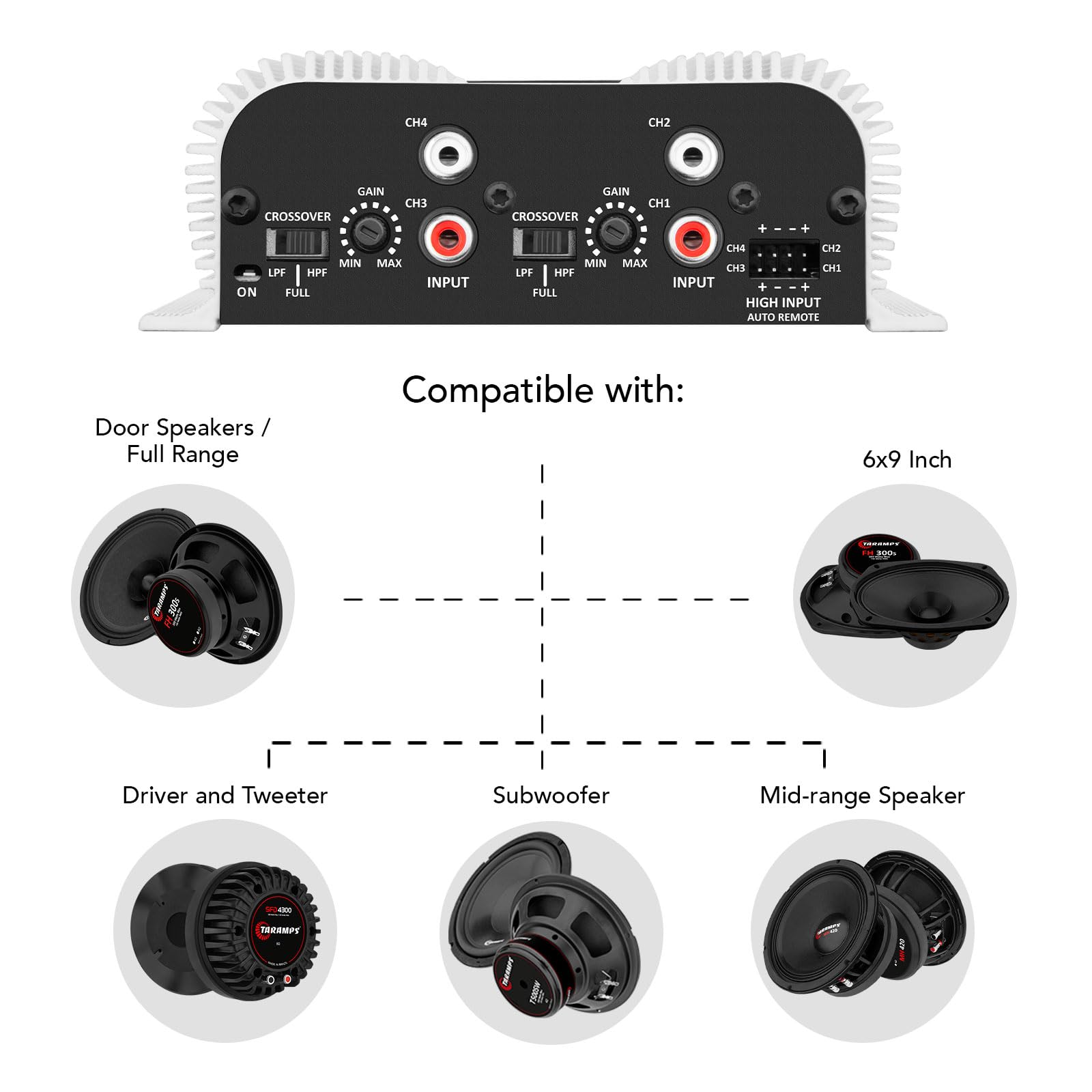 Amplificador de Audio para Coche Taramps TS 400x4 Negro con Entrada Automática de Alto Nivel 400 Vatios RMS 4 Canales Clase D Multicanal