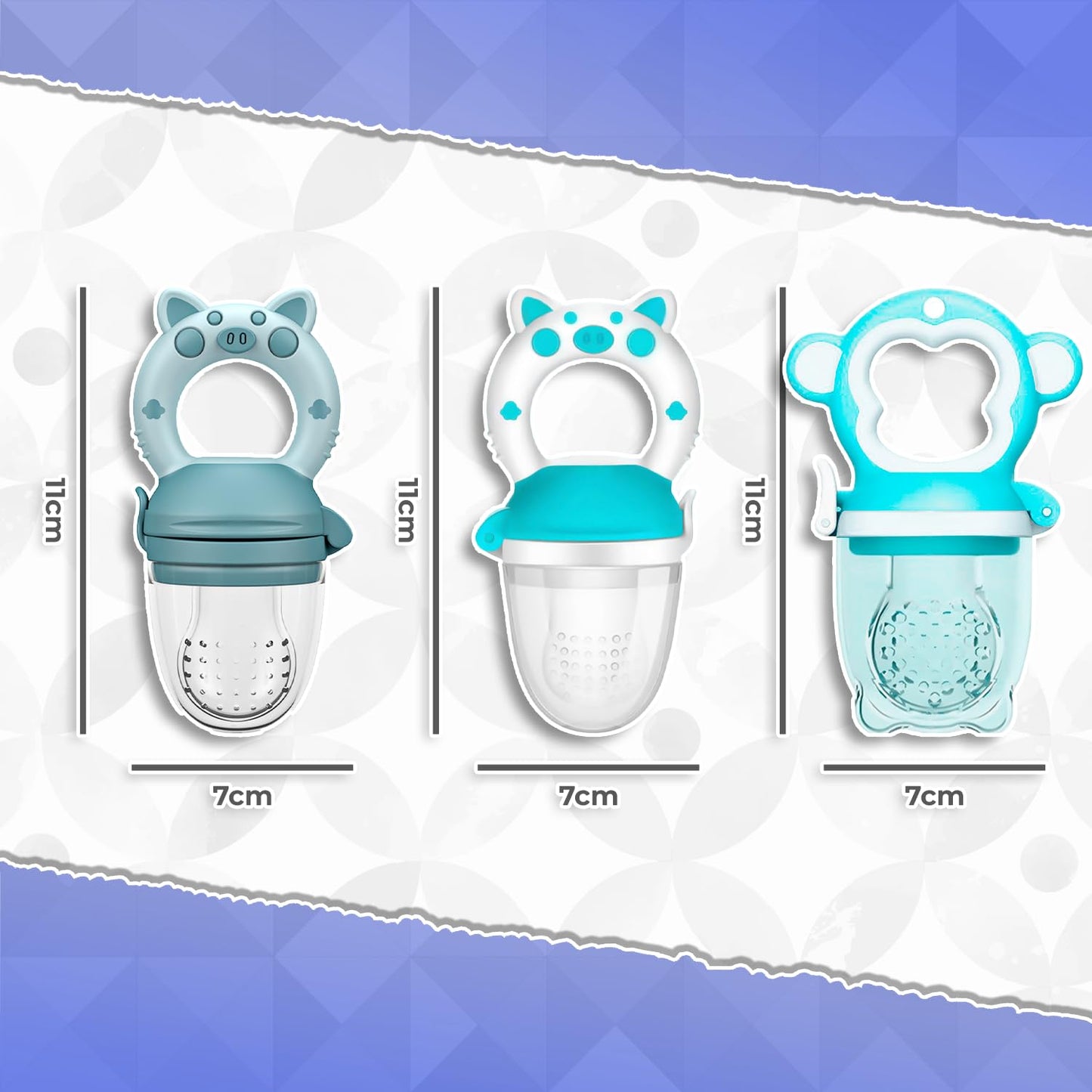 Chupones alimentadores para frutas y papillas con tapa libre de bpa, dibujos animados, 4m+ 3 piezas (pig azul / pig blanco azul / monkey azul)
