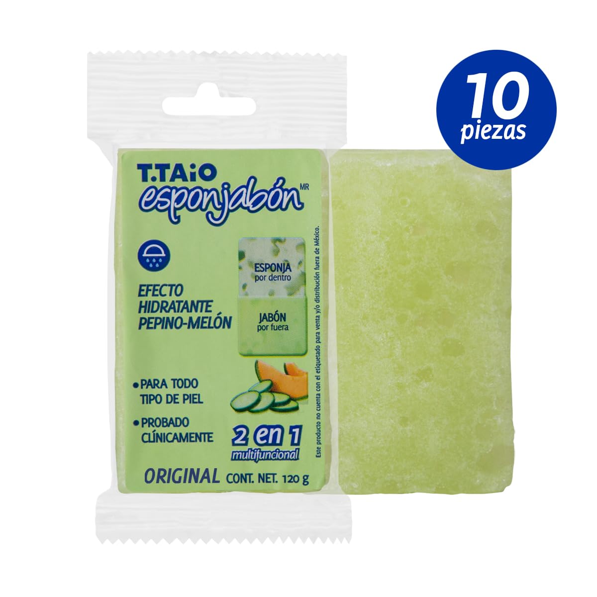 Jabón Corporal con Esponja Integrada 2 en 1, Exfoliación Suave, Aroma Pepino–Melón, Pack 10 Piezas, ESPONJABON T.TAIO