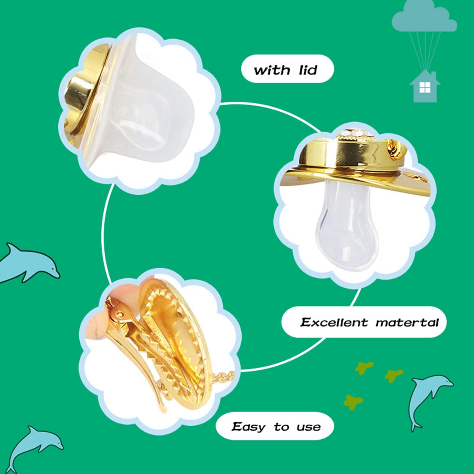 Chupete de bebé con letra dorada, chupete personalizado con clips para chupete y cubierta antipolvo para baby shower, fotografía de cumpleaños recién nacidos (D)