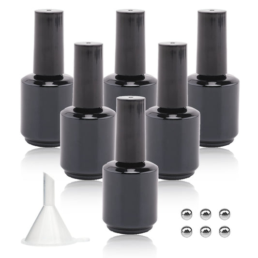 Botellas vacías de esmalte de uñas de gel, botellas de esmalte de uñas vacías de 15 ml con cepillo para polvo negro mate, botellas de esmalte de uñas redondas opacas, aptas para los rayos UV, con