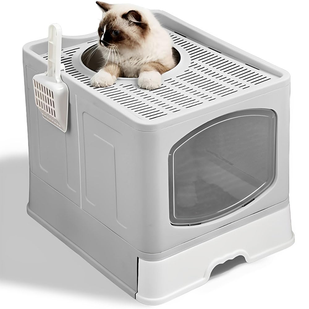 Jiula Caja de Arena para Gatos Plegable Cerrada, Caja de Arena con Cajón y Cuchara, Fácil de Limpiar, Adecuada para Viajar con Mascotas, Puerta Lateral Móvil Dos Direcciones, Gris, 41 * 51 * 44 CM