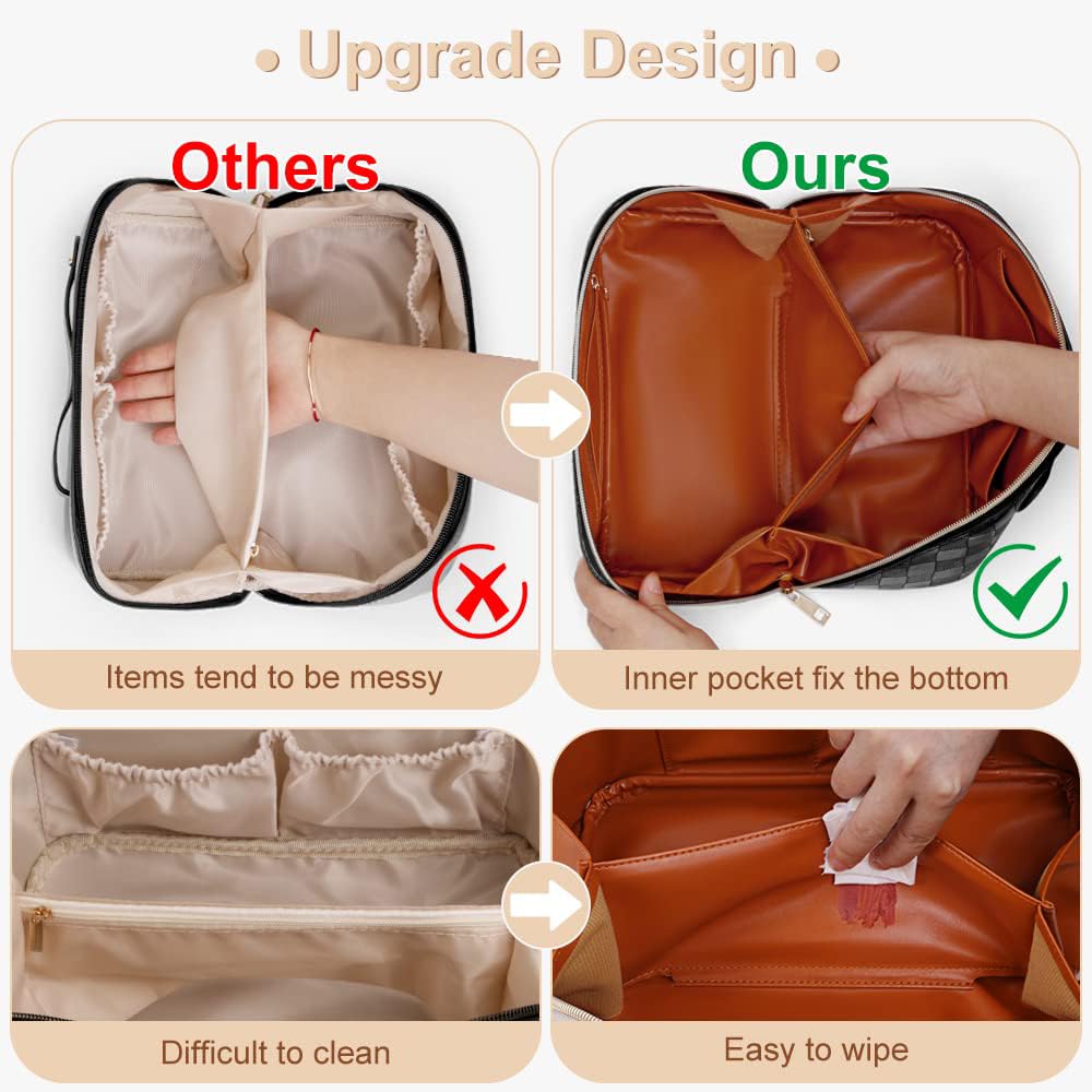 jiffordwind Bolsas de maquillaje de viaje a cuadros organizadoras de cosméticos: 2 juegos de bolsa de maquillaje impermeable de gran capacidad, bolsa de aseo de piel sintética para mujer, bolsa