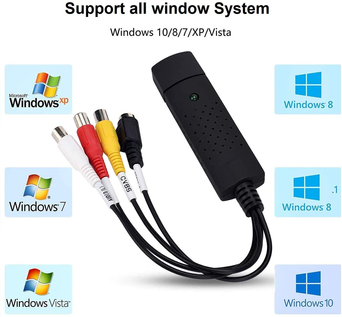 CARYWON Capturadora de Video USB 2.0 Captura de Video y Audio con Cable de Transferencia USB 2.0, VHS VCR Convertidor de TV a DVD Compatible con Mac, Windows 2000/10/8/7, Vista/XP/Android