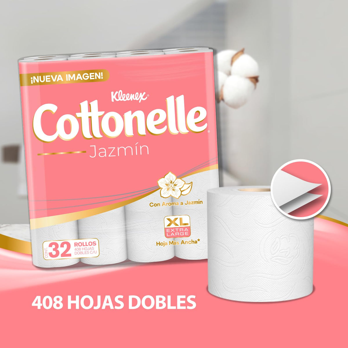 Papel Higiénico Kleenex Cottonelle Jazmín 32 Rollos 408 Hojas Dobles