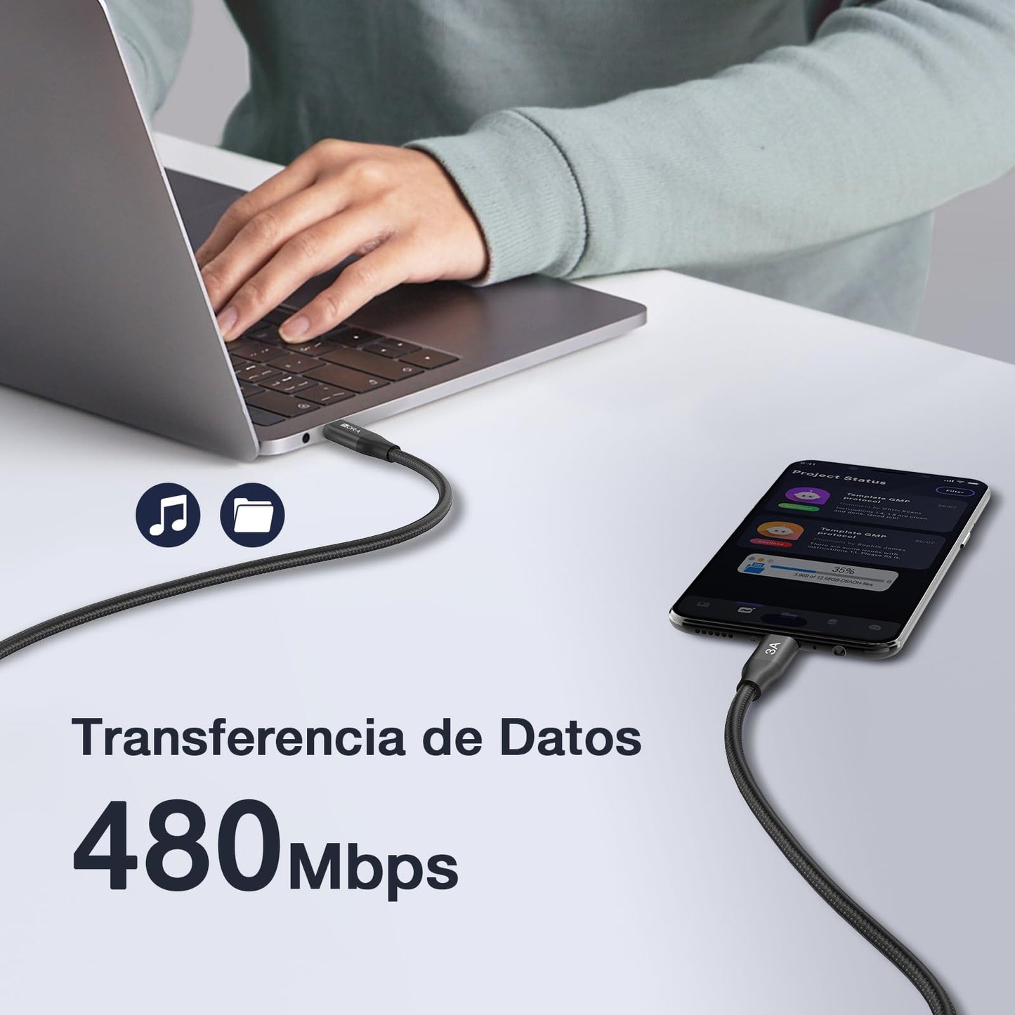 Cable USB C a USB C 60W Nylon Tejido Carga Rápida 2M para iP16/15 Galaxy S25/A05 Xiaomi Pocoswitch