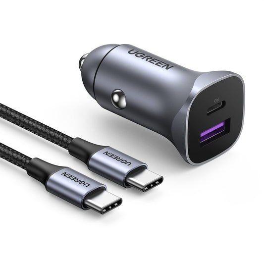 UGREEN 30W Cargador de Coche con Cable USB C a C 1M, 24W Adaptador de Vehículo Tipo C y A Compatible con iPhone 16/15/14/13/12 Pro MAX/SE, iPad Pro, Galaxy S25/S24/S23/S22/S21/S20 Ultra/Note