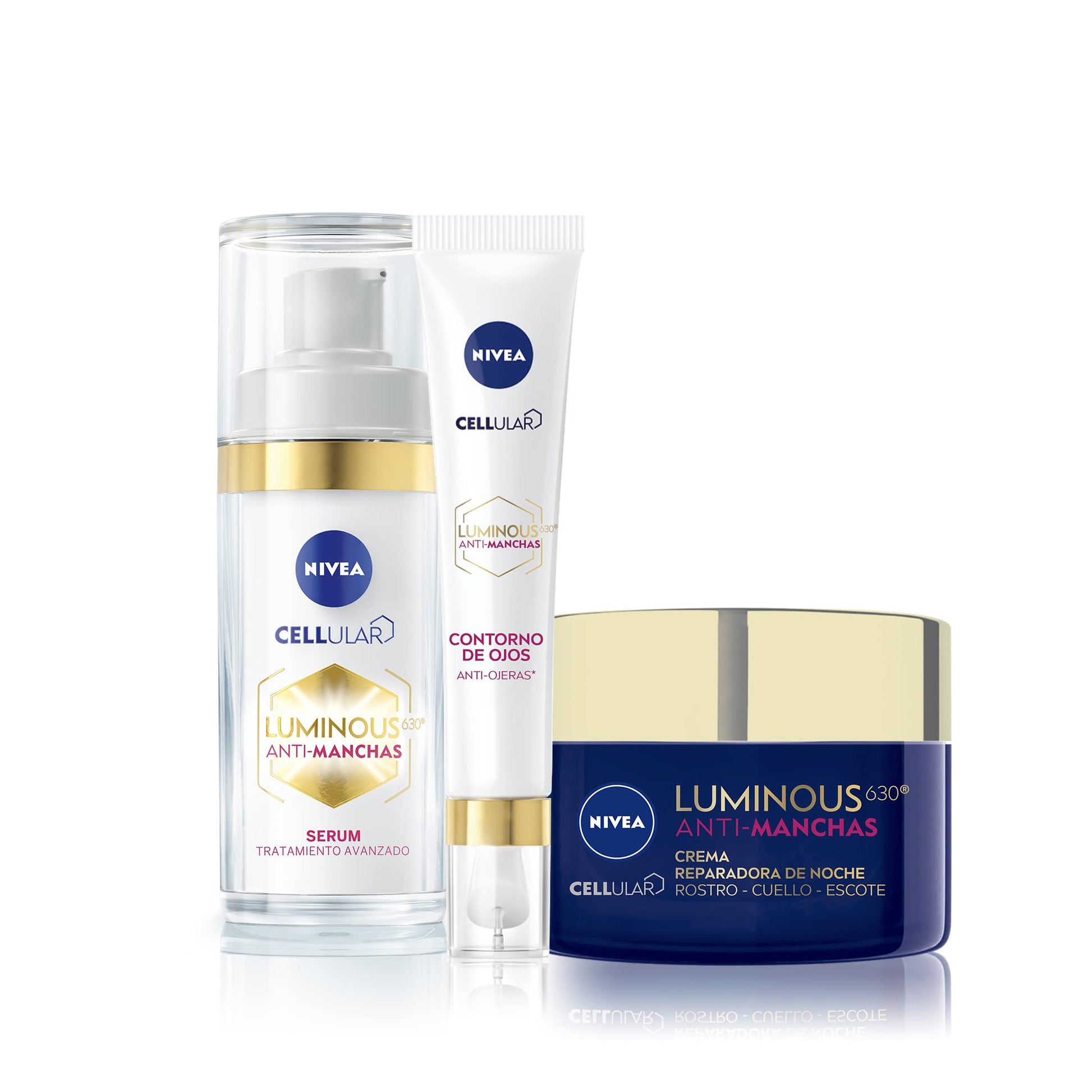 Kit Anti-manchas Rutina Facial de Noche Nivea Luminous 630 Serum facial, 30 ml + Contorno de Ojos con Cafeína, 15 ml + Crema facial de Noche, 50 ml Enriquecida con Ácido Hialurónico