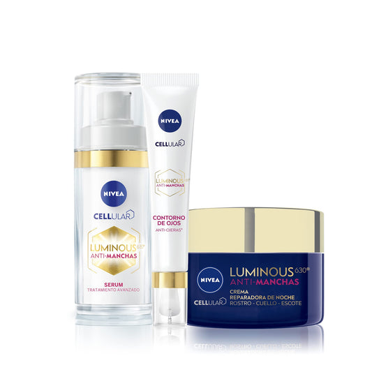 Kit Anti-manchas Rutina Facial de Noche Nivea Luminous 630 Serum facial, 30 ml + Contorno de Ojos con Cafeína, 15 ml + Crema facial de Noche, 50 ml Enriquecida con Ácido Hialurónico