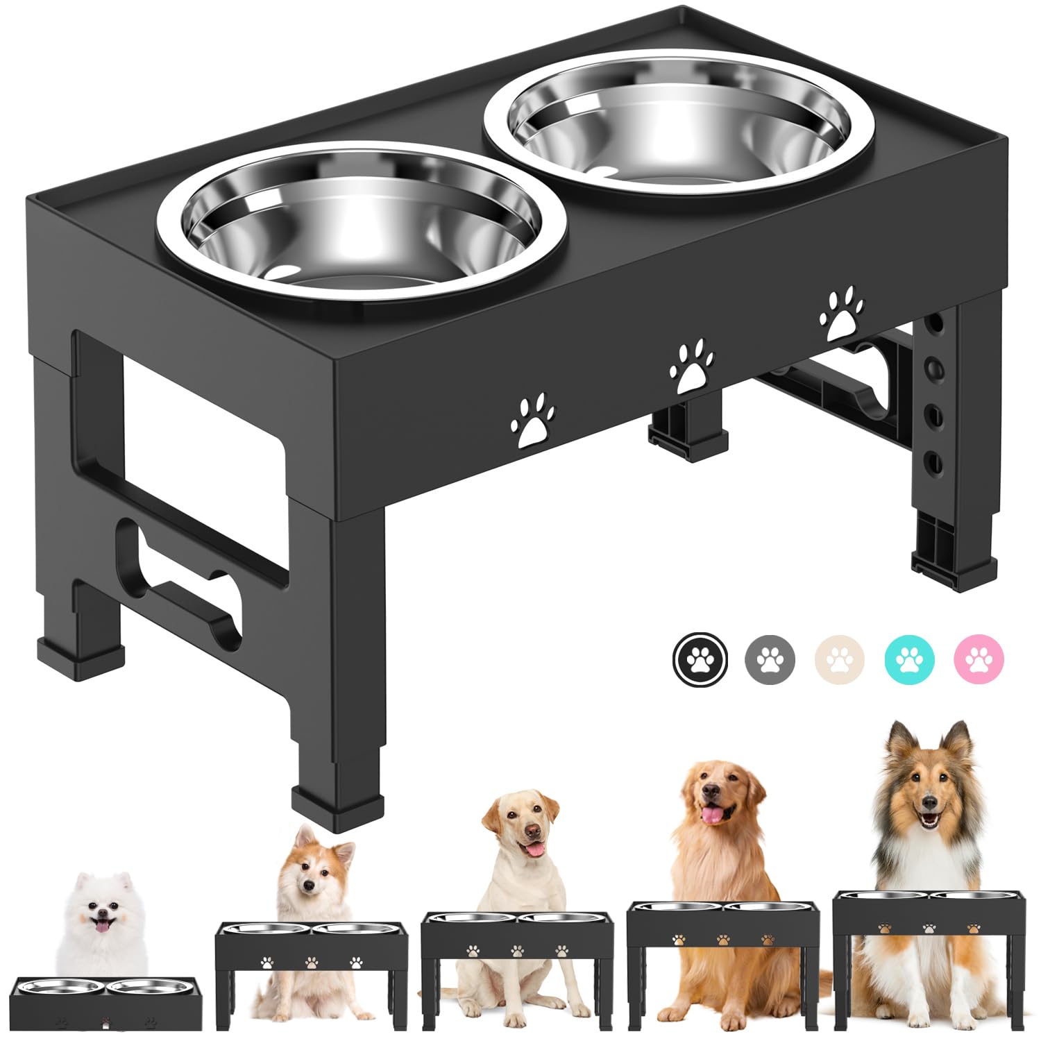 LAKIPETN Cuencos elevados para perros, 5 cuencos elevados de altura ajustable con 2 cuencos de acero inoxidable para comida para perros, antideslizante, sin derrames, se ajusta a 3.1 pulgadas, 9 pulgadas, 10 pulgadas, 11 pulgadas, 12 pulgadas para perros