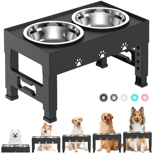 LAKIPETN Cuencos elevados para perros, 5 cuencos elevados de altura ajustable con 2 cuencos de acero inoxidable para comida para perros, antideslizante, sin derrames, se ajusta a 3.1 pulgadas, 9 pulgadas, 10 pulgadas, 11 pulgadas, 12 pulgadas para perros