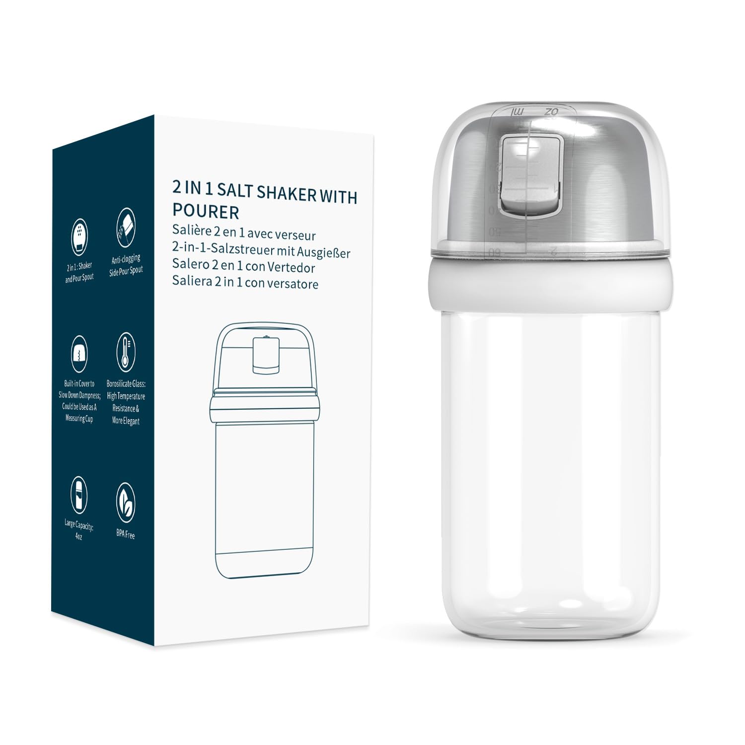 KTCHENDAO - Salero de vidrio 2 en 1 con boquilla lateral para verter la tapa, tapa integrada para ralentizar la humedad con marcas de mearsuring, elegante dispensador de sal de vidrio borosilicato