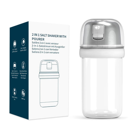 KTCHENDAO - Salero de vidrio 2 en 1 con boquilla lateral para verter la tapa, tapa integrada para ralentizar la humedad con marcas de mearsuring, elegante dispensador de sal de vidrio borosilicato