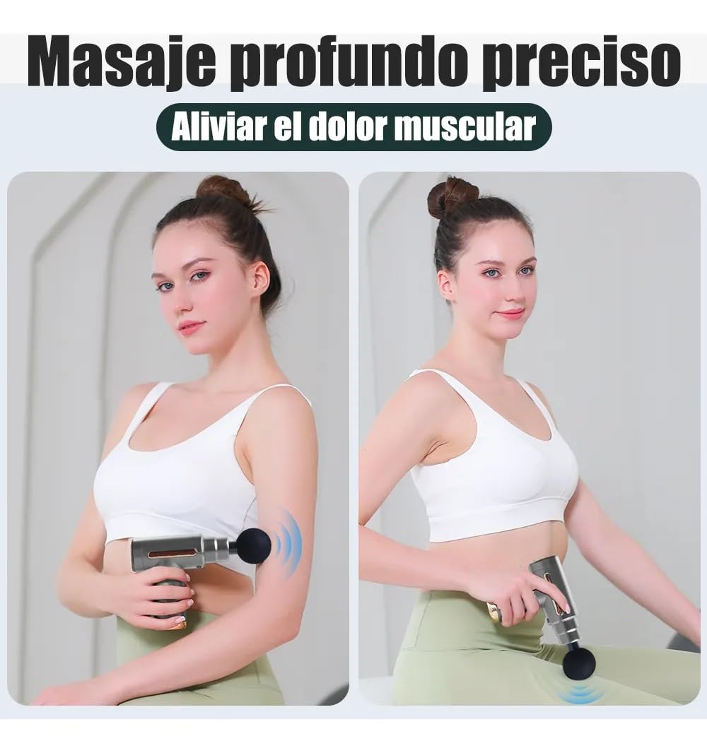 Pistola de Masaje Muscular con 4 Cabezas, Masajeador Portatil Muscular Mini Masajeador de Tejido Profundo Ajustables Massage Gun, Masaje Profesional Para Musculos, Ligamentos y Tejidos, Carga USB (Gris)