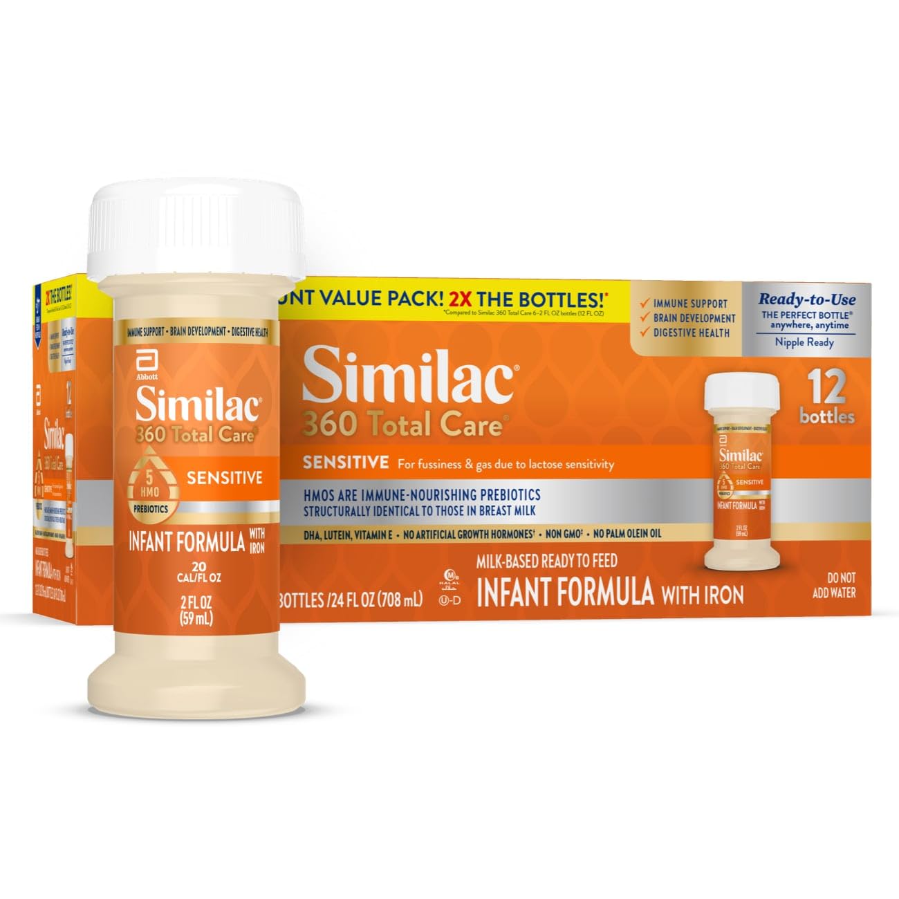 Similac 360 Total Care Sensitive* Infant Formula with 5 Hmo Prebiotics, for Fussiness & Gas Due to Lactose Sensitivity, Non-GMO, Baby Formula, Ready to Feed, 2-Fl-oz Bottle, Pack of 12