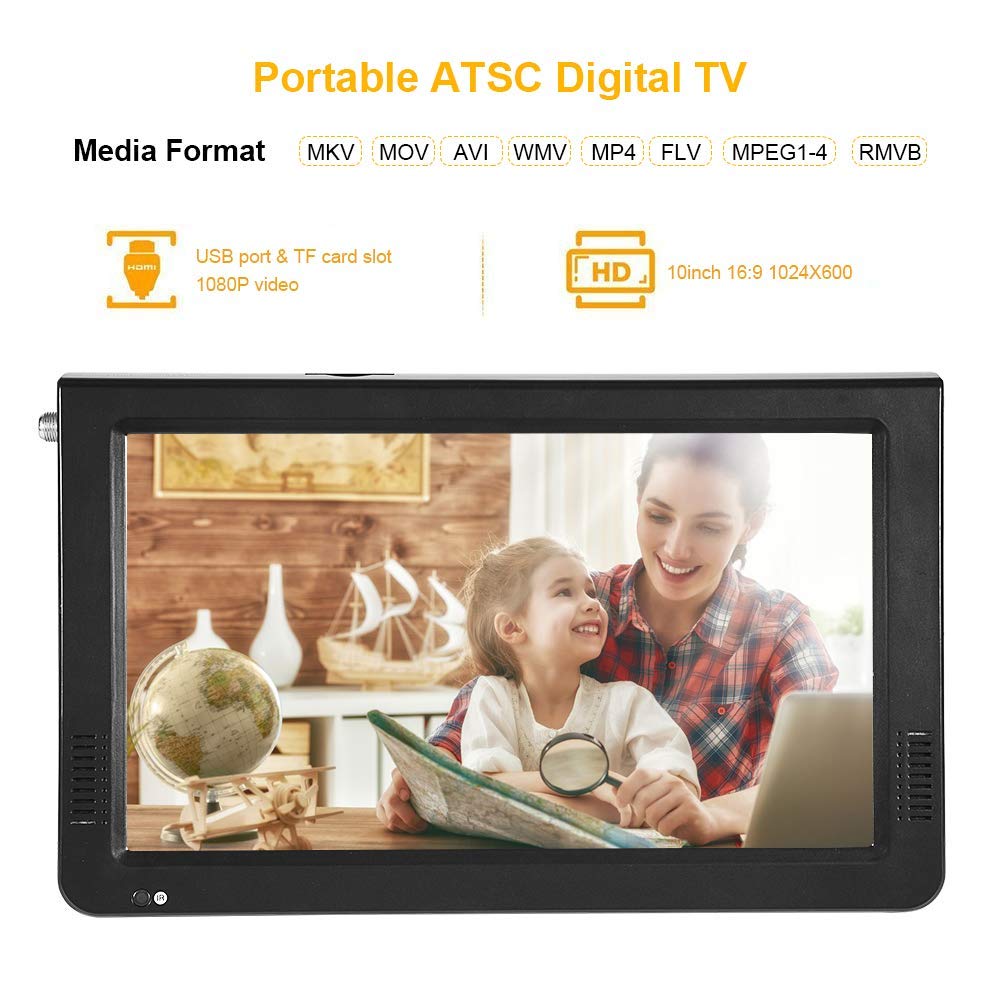 Eboxer 10" TV Digital Portátil ATSC 16:9 Digital Television TV LED 1080P HD Reproductor de Multimedia Compatible con Tarjeta TF para Hogar Coche Viajes al Aire Libre(10inch)