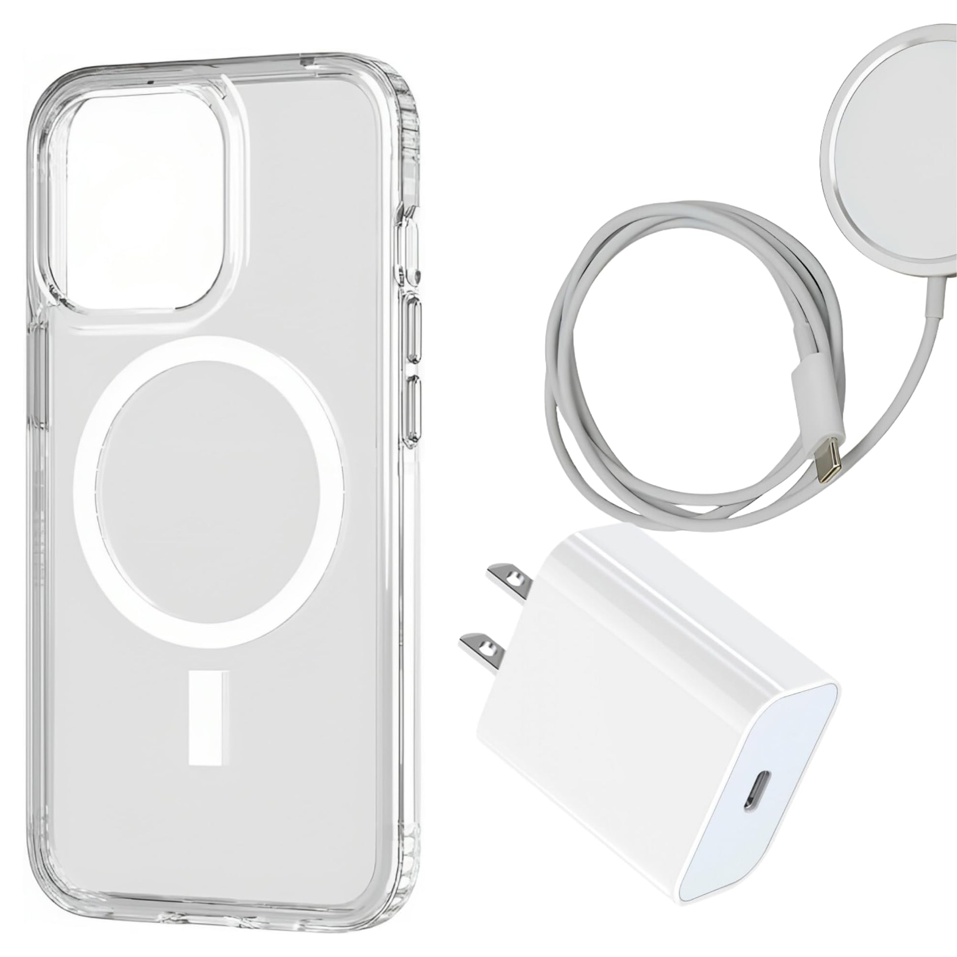 MR. GADGETS Kit Funda Protectora Transparente para iPhone + Cargador Inalambrico + Adaptador de Corriente 20W, Magnético, Carga Rápida, Máxima Protección Antigolpes