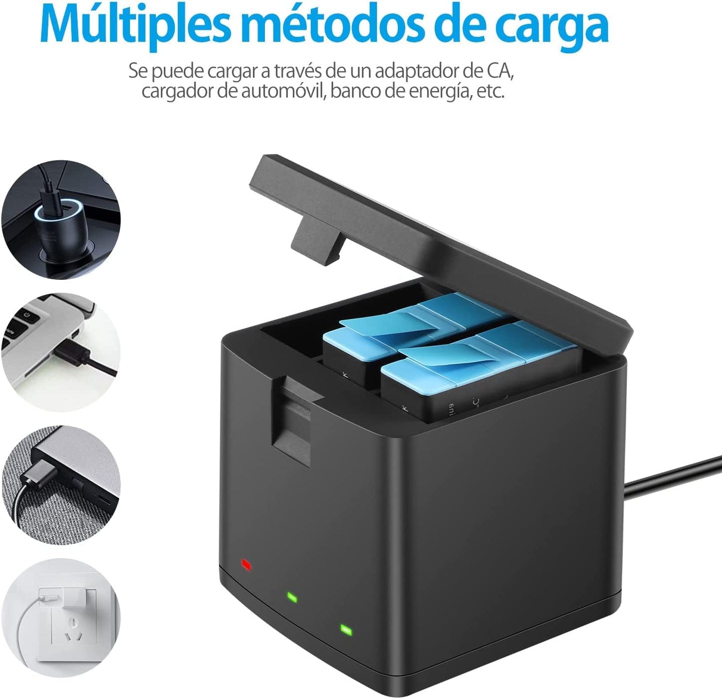 Baterías PHTEGI Gopro Hero 12/11/10/9 Black 1800mAh con Cargador rápido USB 3 Canales Paquete de 2