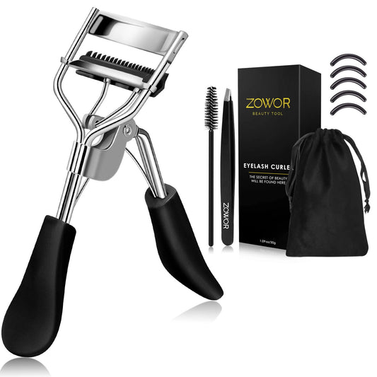 Zowor Rizador de pestañas con peine que se adapta a todas las formas de ojos, rizador de pestañas curvado, natural y de larga duración para mujer, regalo de maquillaje (negro)