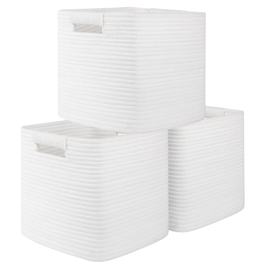 OIAHOMY - Cubos de almacenamiento de 11 pulgadas, paquete de 3, cestas tejidas de cuerda de algodón para organizar, cestas cuadradas de almacenamiento para estanterías, aula, contenedores de juguetes
