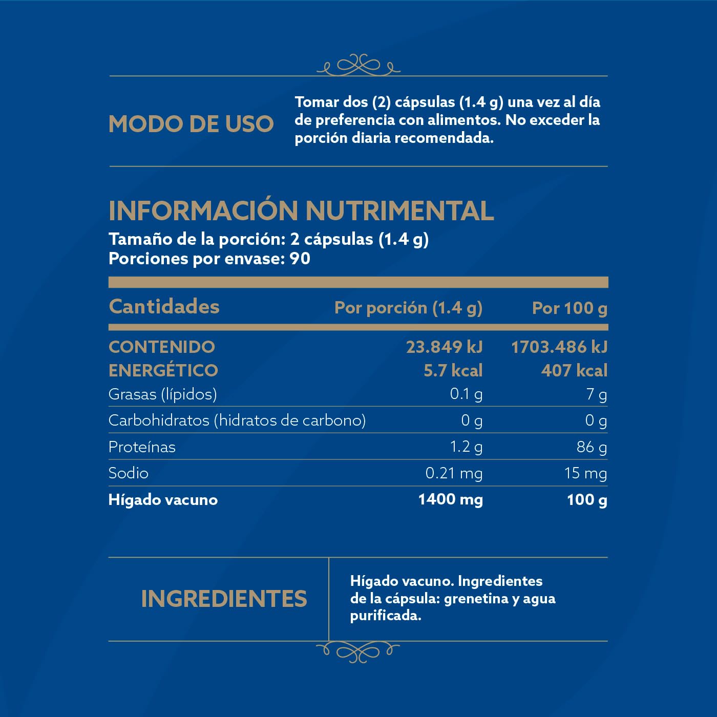 Hígado Vacuno de Res de Nueva Zelanda alimentada con pasto 180 Cápsulas 1400 mg por porción. Ingredientes 100% Naturales. Beef Liver Grassfed B Life.
