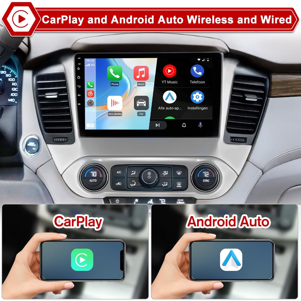 [4 GB+64 GB] Radio estéreo para coche Chevrolet Suburban Tahoe Yukon 2015-2019 | Android 15 | Octa-Core 10.1 pulgadas visualización táctil | CarPlay inalámbrico y Android Auto | GPS WiFi Bluetooth |