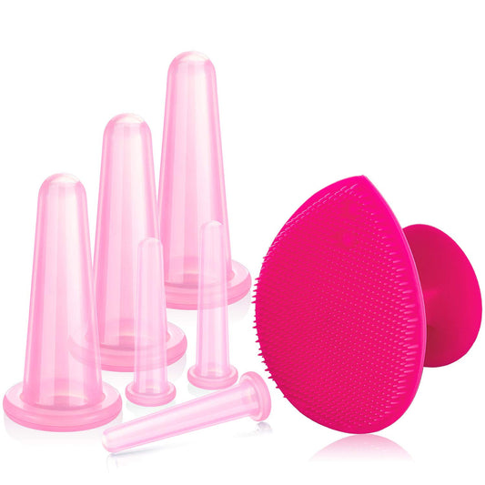 Juego de ventosas faciales para masaje facial y ojos, juego de tazas de silicona con cepillo exfoliante para la cara y el cuello (pequeño, mediano, rosa)