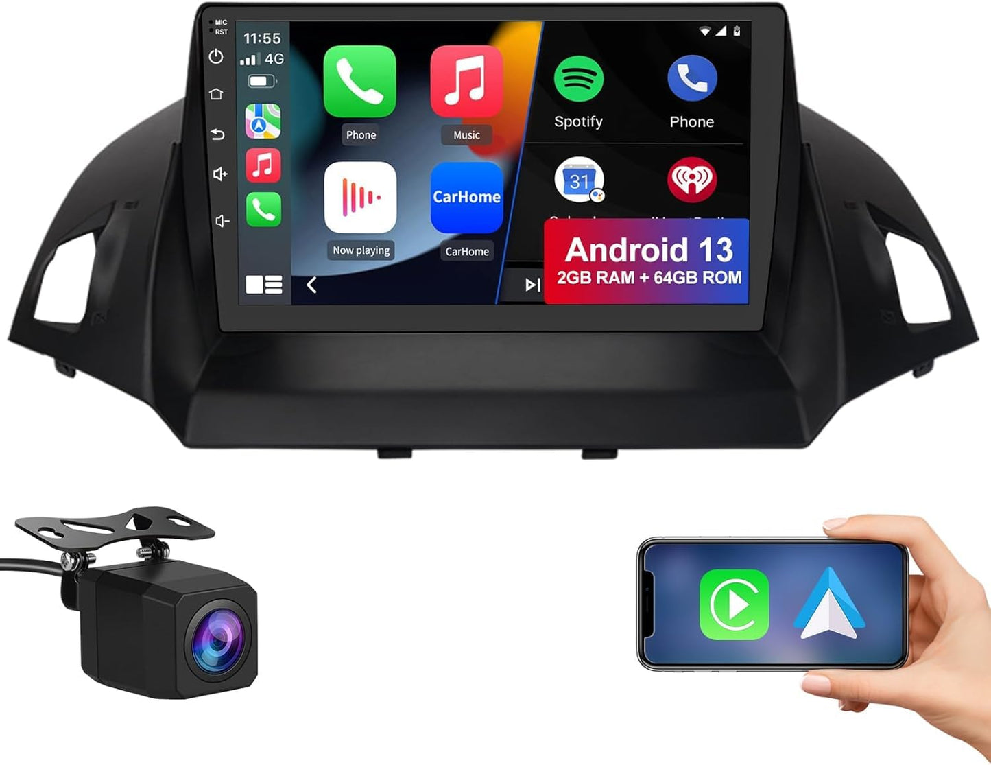 Radio de coche Android 13 compatible con Ford Escape 2013-2016 con cámara inversa, visualización táctil de 9 pulgadas con GPS/FM/WiFi/cámara inversa, compatible con SWC Wireless CarPlay Android Auto