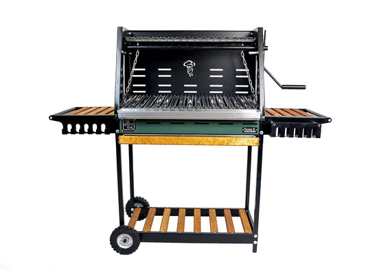 HOBBY GRILL, Asador de Carbón Tango II Elite,Parrilla Tipo Argentino,Parrilla Portátil Acero Inoxidable,Patio,Cocina,Jardín,Altura Ajustable,Ruedas de Hule Sólido,Color Negro/Verde