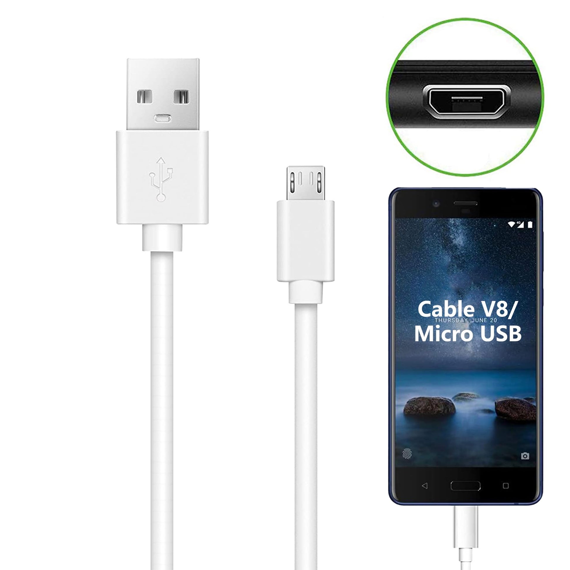 Cable USB Micro Mornwell Blanco Carga Rápida Compatible con Galaxy S7 S6 Edge S5 Note 5 4 Xiaomi Redmi Huawei Kindle PS4 HTC LG Nokia Motorola Tablets