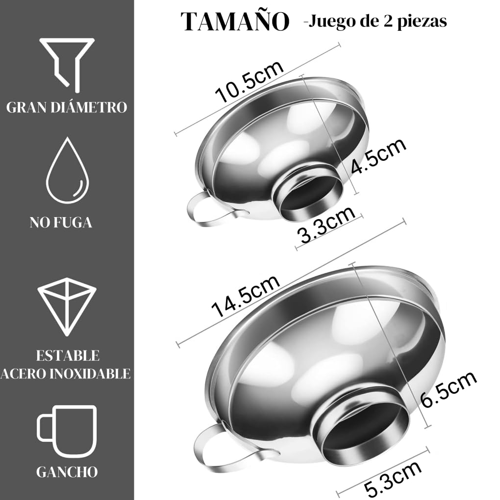 Juego de Embudos Acero Inoxidable Boca Ancha Grado Alimenticio con Asa para Conservas en Cocina