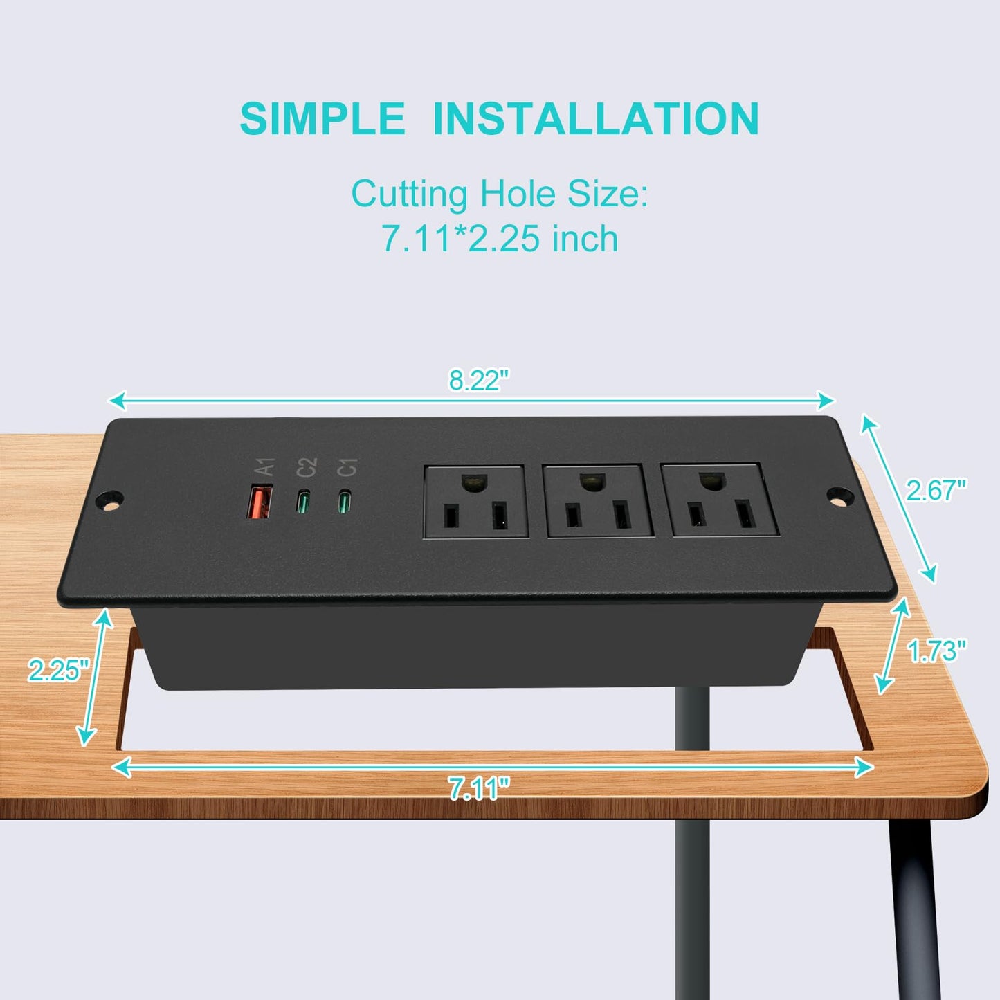 4 LEAF Regleta de Enchufes Empotrada USB C 65W,Enchufe de Escritorio Empotrable 3 Tomas 3 USB (PD 65W& QC60W,) Cable de Alimentación de 2 Metros Enchufe Plano de Carga Rápida Empotrable para Muebles