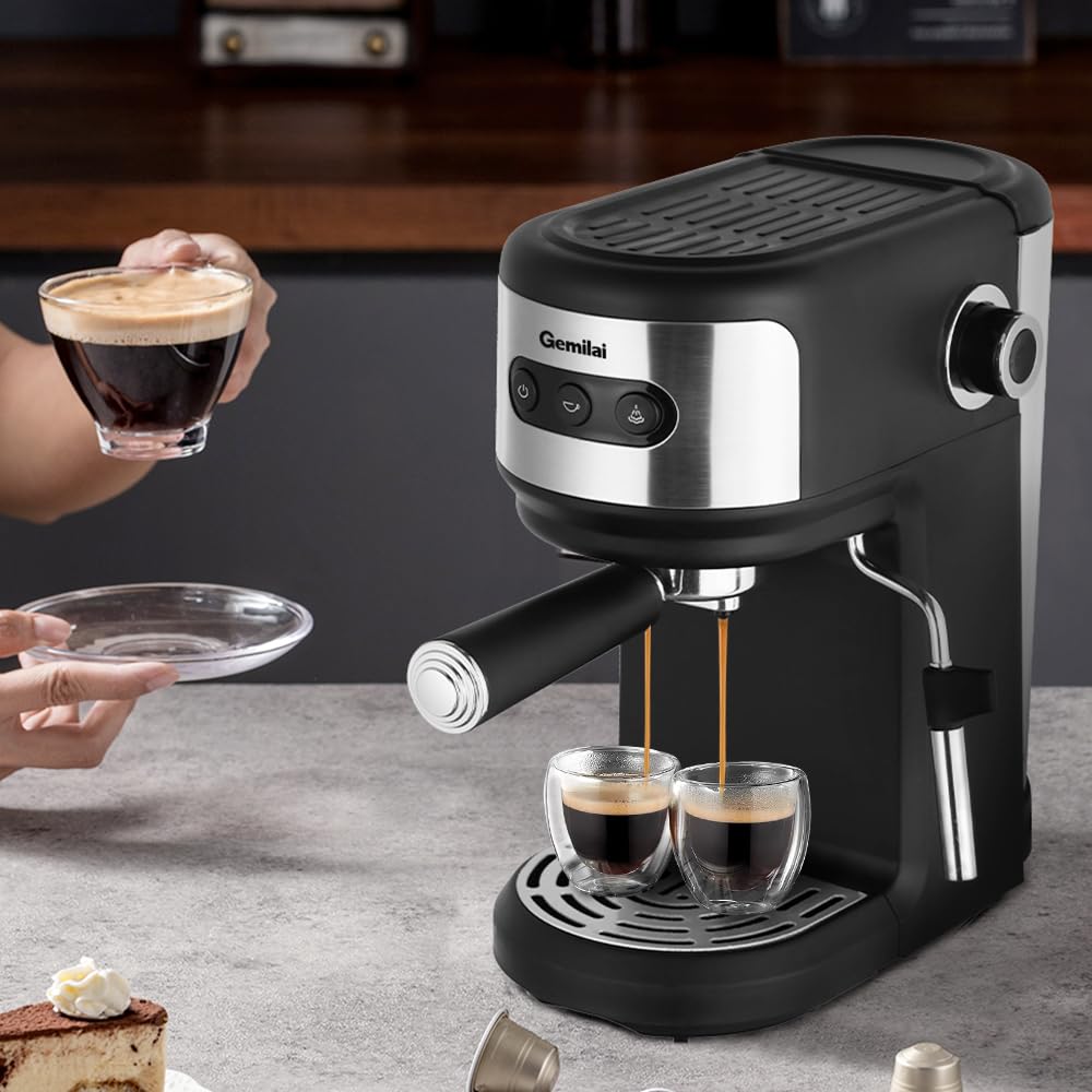 Gemilai Cafetera Espresso 15 Bar con Espumador de Leche, Máquina de Café Multifuncional con Control de Un Solo Toque y Sistema de Calentamiento Rápido, Ideal para Espresso, Capuchino y Más 3023 Negro