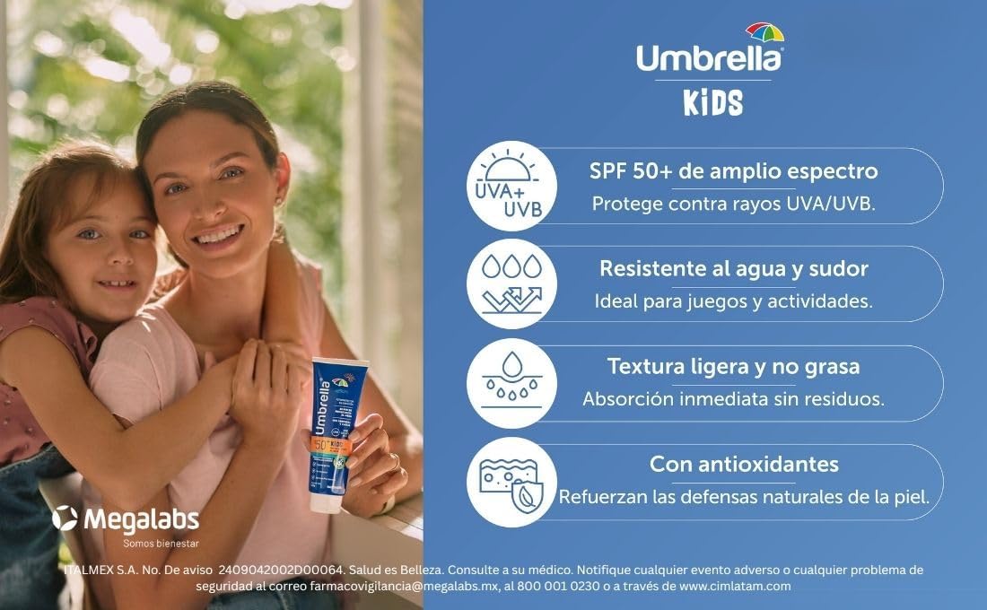 Umbrella Kids SPF 50+ | Protector Solar Corporal para Niños | Pantalla Orgánica | Amplio Espectro UVA/UVB | Water Resistence | Tubo con 120ml